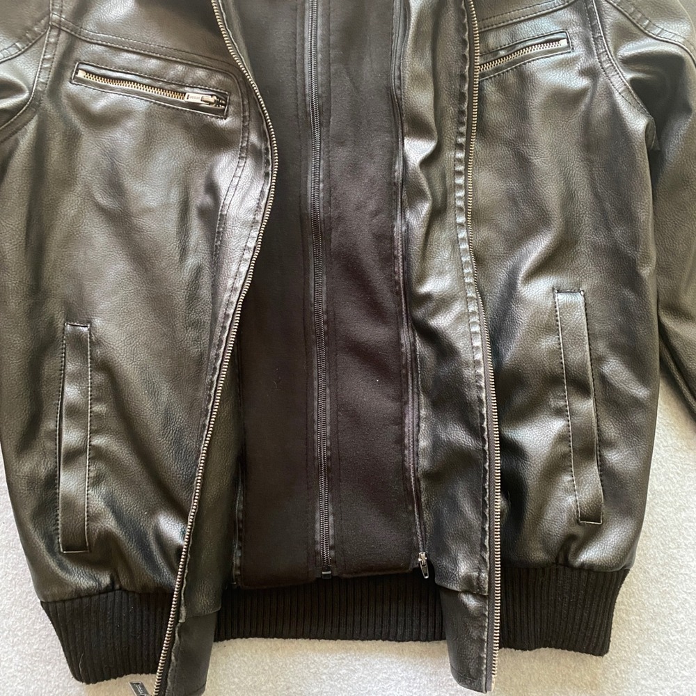 Guess Mens Faux Brown Leather Bomber Jacket Black Hooded Bib Layered Coat Medium - Picture 5 of 9